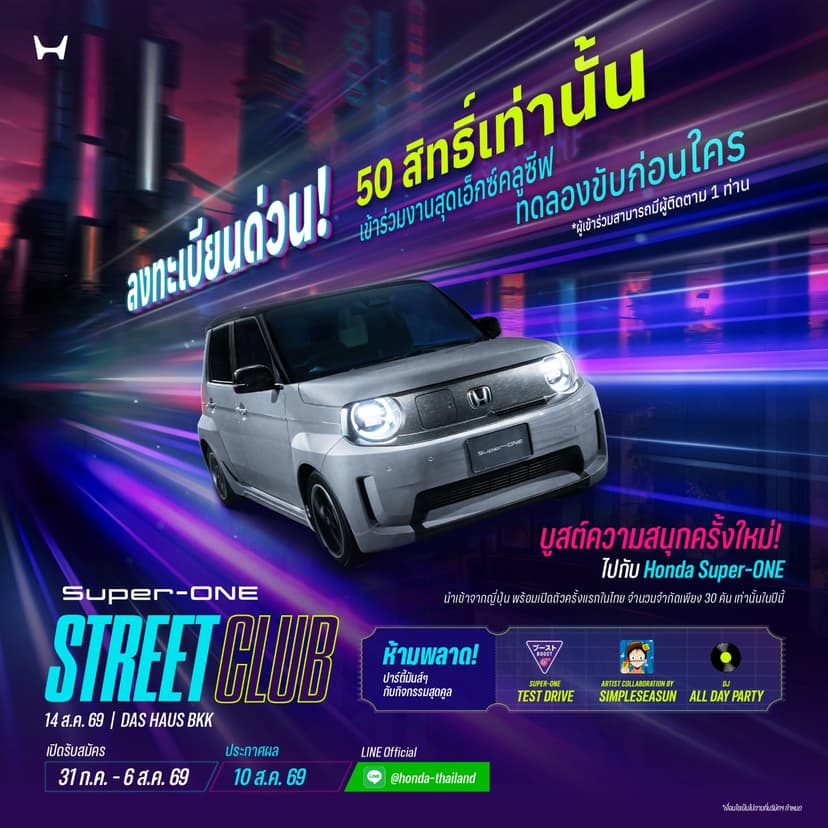 ได้เวลาบูสต์ความสนุกครั้งใหม่! Honda Super-ONE ใหม่ เตรียมเปิดตัวในไทย 14 ส.ค. นี้ ลิมิเต็ดเพียง 30 คันในปีนี้! พร้อมเปิดโอกาสสุด Exclusive  ให้ผู้สนใจร่วมสัมผัส EV น้องใหม่ตัวจี๊ดจากฮอนด้า  และทดลองขับก่อนใคร ที่แรกและที่เดียวในไทย